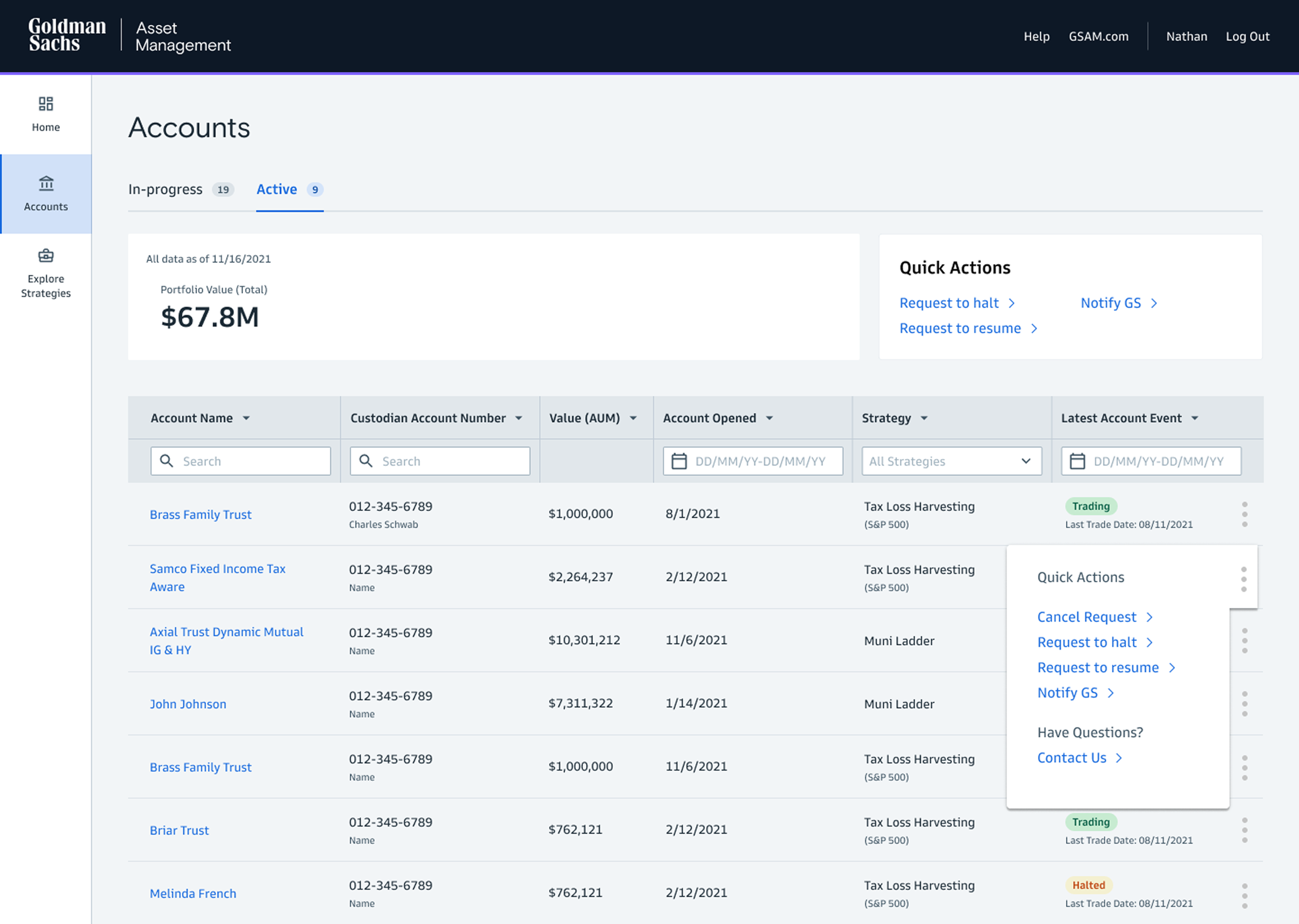 Accounts dashboard