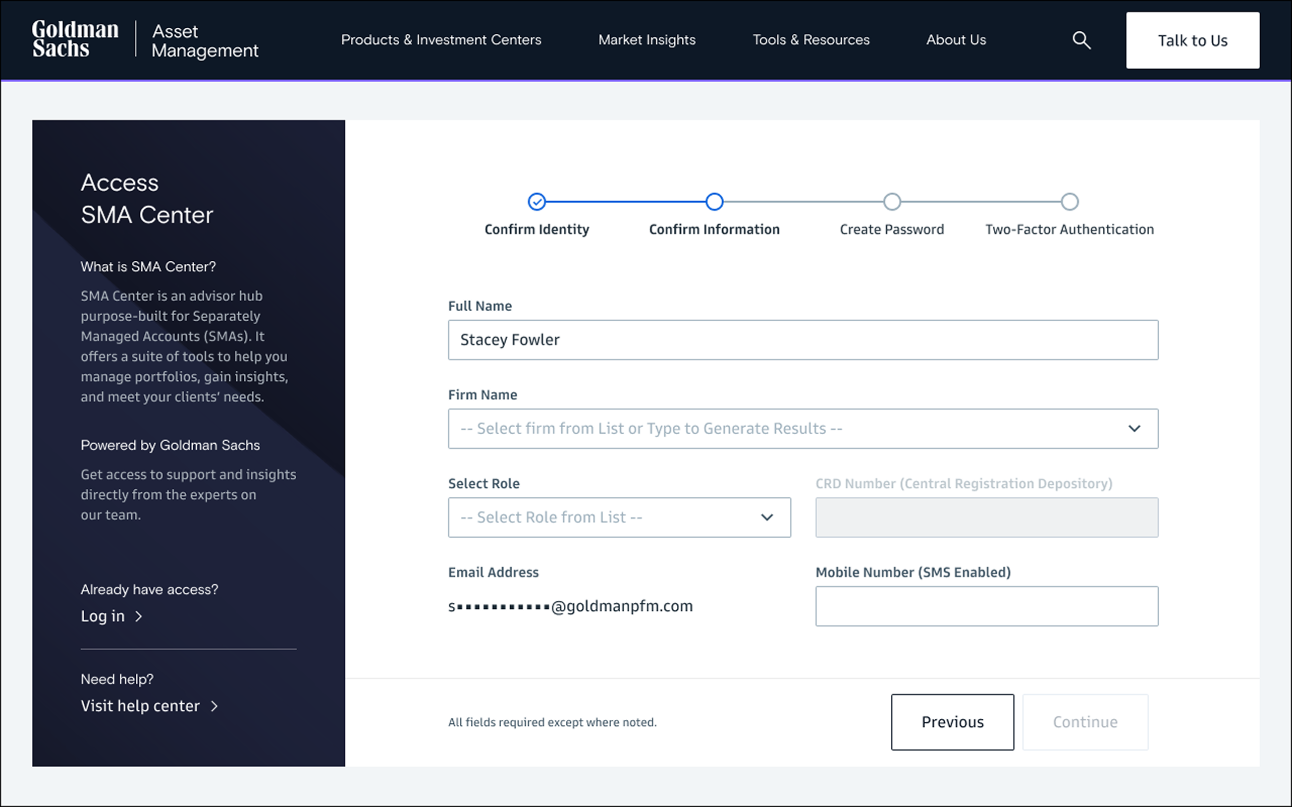 SMA Center onboarding flow