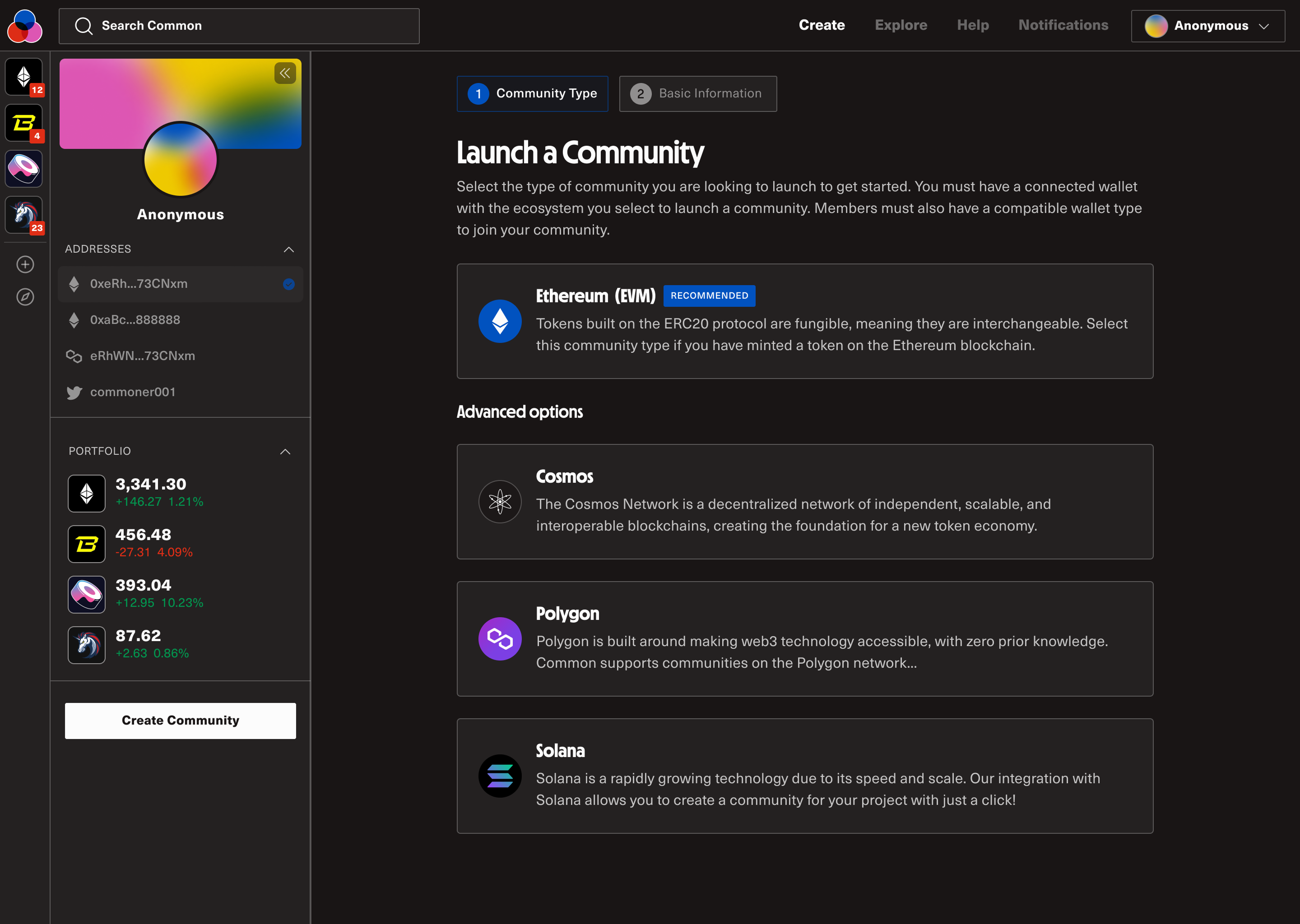 Community creation step 1, blockchain selection