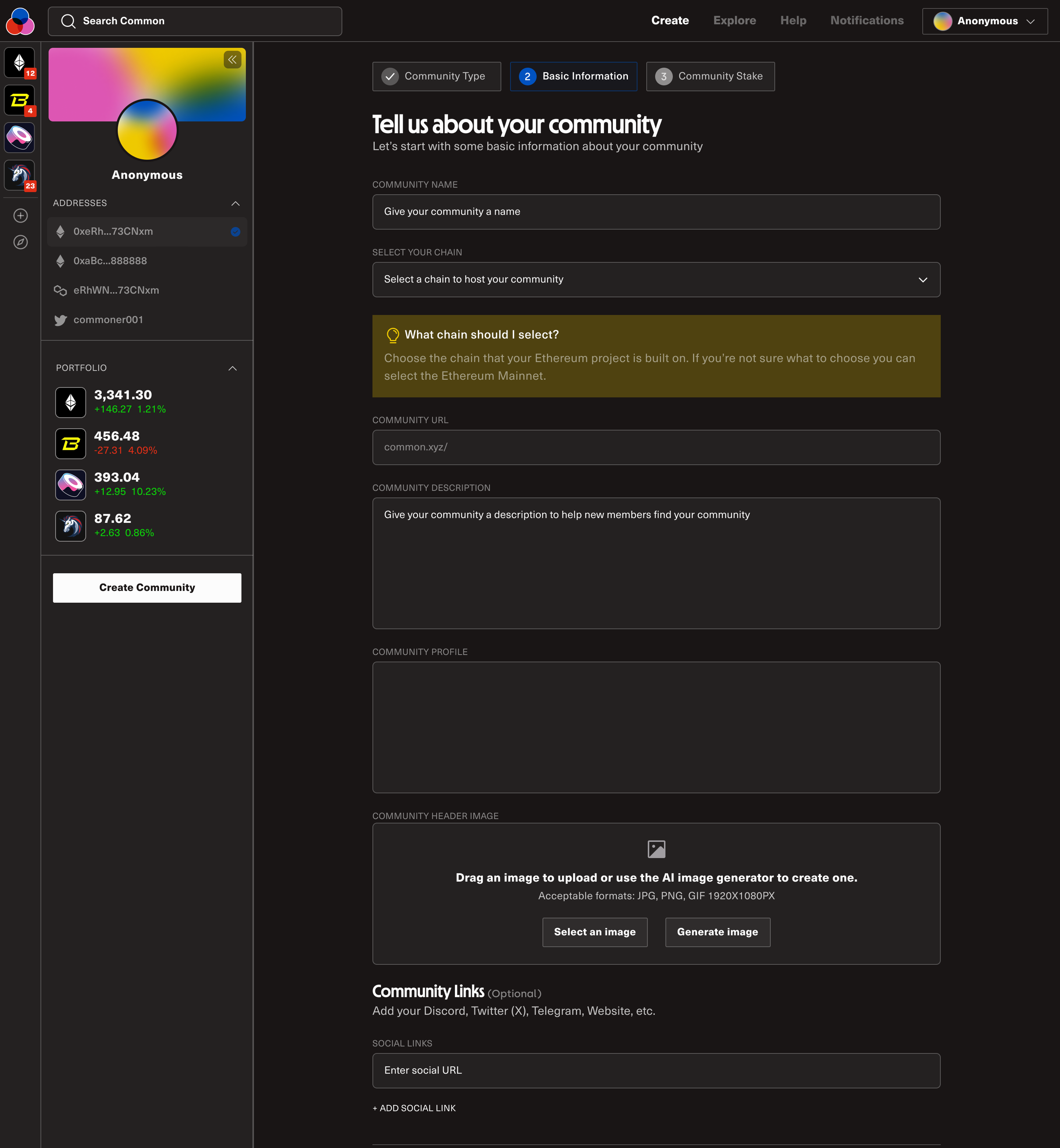 Community creation step 2, chain selection